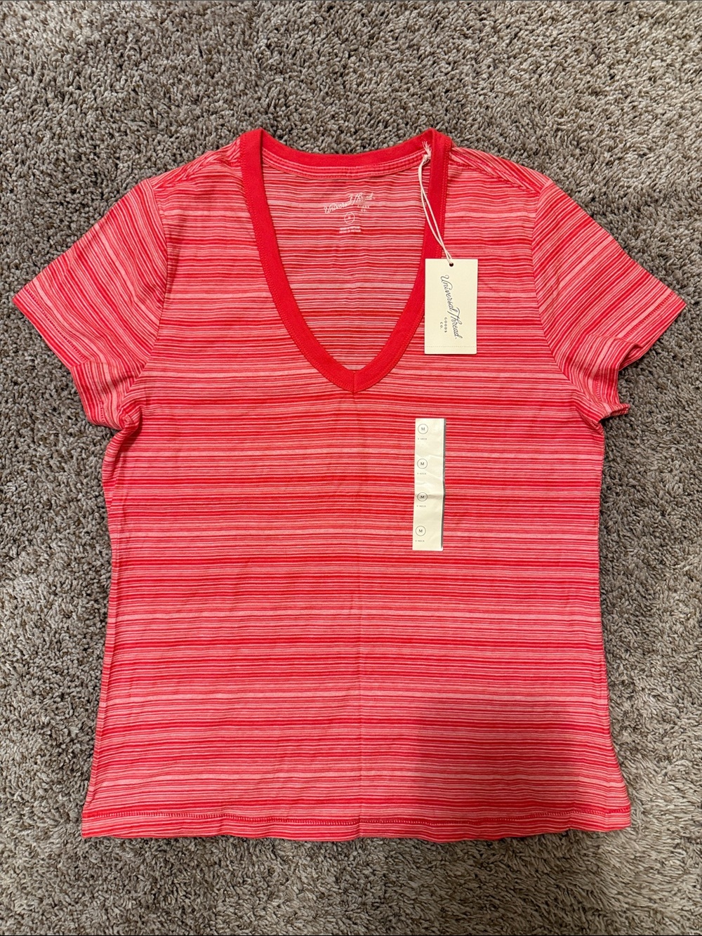 Universal Thread Red Stripe V-Neck Relaxed Fit Short Sleeve Women’s T-Shirt